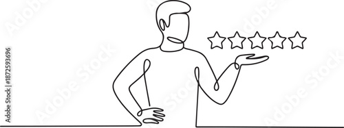 Continuous one line drawing confidence customer giving 5 stars rating. one line Art icon drawing vector