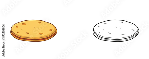 Fresh baked round tortilla bread in cartoon and outline styles golden yellow colors representing mexican flatbread or wrap food product isolated on white background