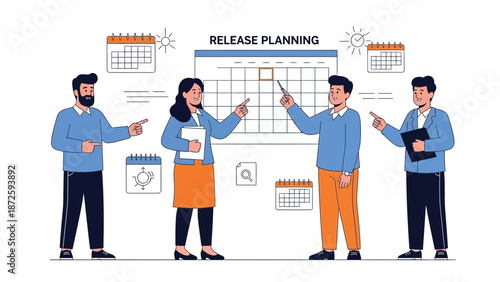 Team planning release dates on a calendar board, project management concept