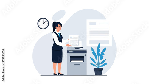 Businesswoman using photocopier machine in office, printing documents, office work concept