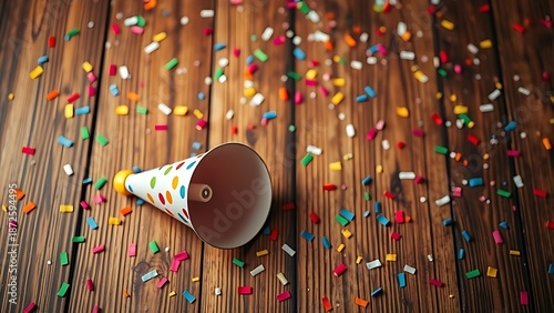 Festive party horn surrounded by confetti on a wooden table.
