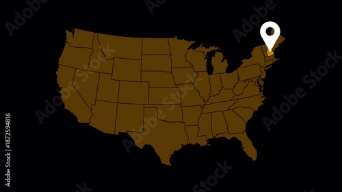 High quality 4K animation of the New Hampshire state map with a location pin marker. Clean motion graphic suitable for navigation, travel, business location