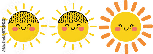 Cute Kawaii Sun Vector Illustration Set with Happy Smiling Faces and Rosy Cheeks for Children Nursery Decor and Summer Graphics