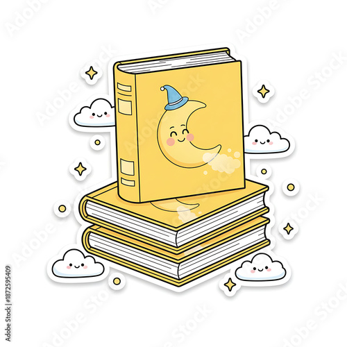 Stack of Books with Clouds and Stars.