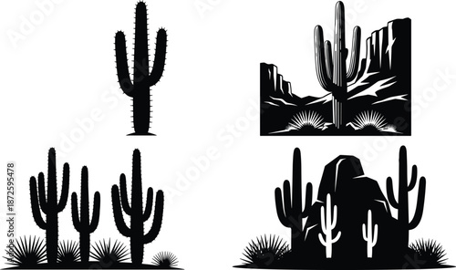Desert saguaro cactus silhouettes, featuring wild west landscape scenes, rocky mountains, arid nature wilderness, and prickly succulent plants, isolated on white background for southwest travel.