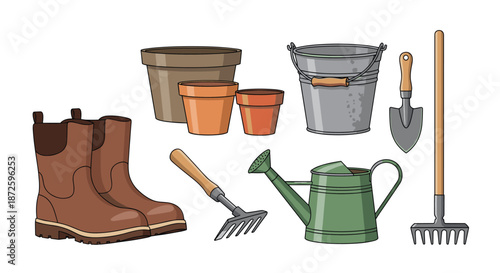 Collection of essential gardening tools including a watering can, rubber boots, flower pots, a bucket, trowel, and rakes.