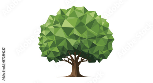 Modern geometric illustration of a deciduous tree with a full green canopy, created in a trendy low-poly, triangular style.