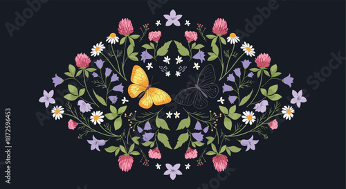 Symmetrical folk art embroidery design with wildflowers and two butterflies, one colored and one outlined, on a dark background.