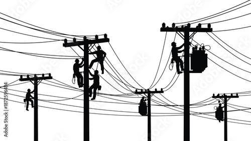 Electrician Linemen Silhouettes Working on Electric Utility Poles and Power Lines Infrastructure Isolated on White Background for Energy, Electricity, Maintenance, and Industrial Industry Design