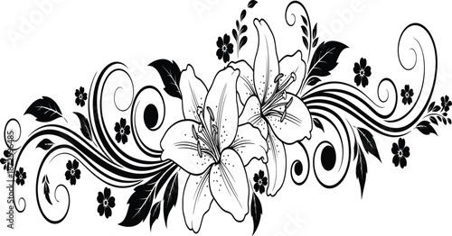 Elegant black and white lily flower vector illustration, floral bouquet with swirls and decorative leaves, botanical garden element for wedding invitation design,