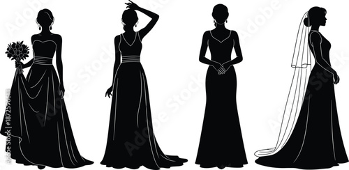 Elegant bride silhouettes set, wedding dress poses collection, female bridal gown vector illustration isolated on white background, minimalist black style fashion art