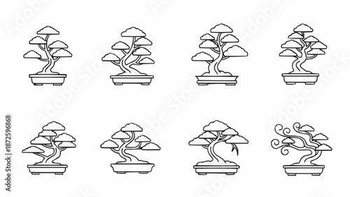 Collection of eight different bonsai tree illustrations in pots.
