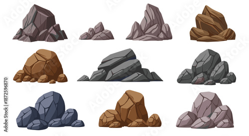 Collection of nine different cartoon rocks and boulders in various shapes, sizes, and colors, perfect for game or landscape design.