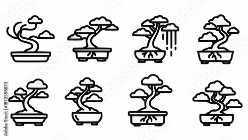 Collection of eight stylized bonsai tree icons in black and white.