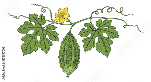 Botanical illustration of a bitter melon or Momordica charantia vine with its characteristic bumpy green fruit, leaves, and a yellow flower.