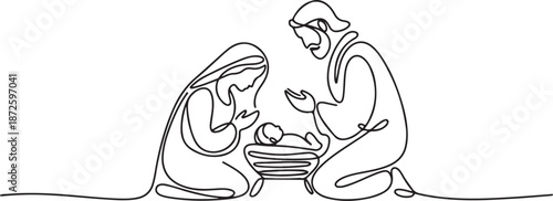 Continuous one line drawing. Bible Merry christmas scene of holy family. one line Art icon drawing vector