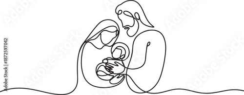 Continuous one line drawing. Bible Merry christmas scene of holy family. one line Art icon drawing vector
