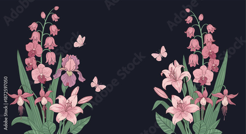 Two symmetrical bouquets of beautiful pink garden flowers, including lilies and orchids, with small butterflies on a dark background.