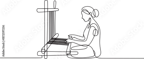 A woman weaves a cloth behind a handloom. Making fabrics at home. one line Art icon drawing vector