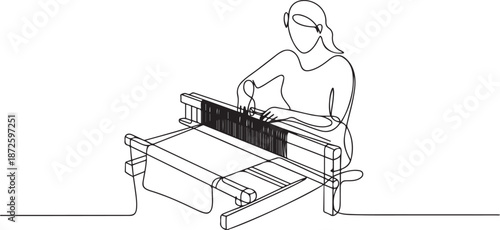 A woman weaves a cloth behind a handloom. Making fabrics at home. one line Art icon drawing vector