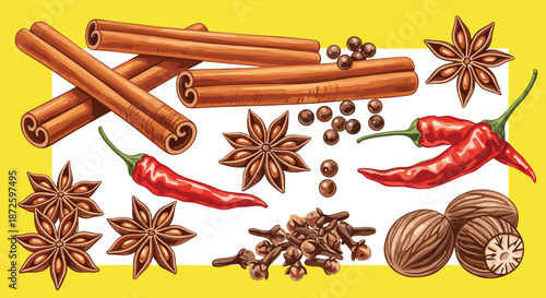 Vibrant and detailed collection of aromatic spices, including cinnamon sticks, star anise, cloves, nutmeg, chili peppers, and peppercorns for culinary use.