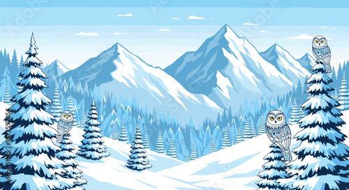 Serene winter landscape with majestic snow-covered mountains, a dense pine forest, and snowy owls perched on fir trees under a clear blue sky.