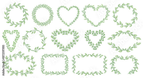 Versatile collection of green glitter leaf wreaths and frames in various shapes including circles, hearts, ovals, and rectangles for decorative design.