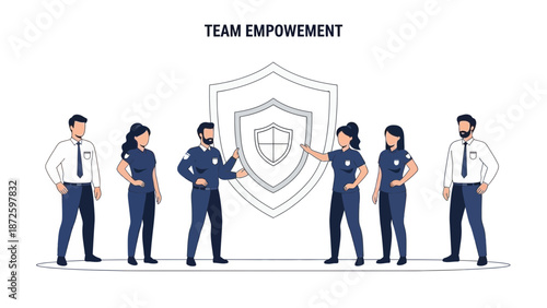 Team Empowerment: People Standing With Shield Symbol for Protection and Support