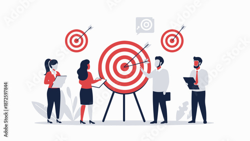 Teamwork business strategy hitting target goals, teamwork success concept illustration