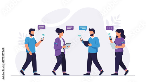 People Communicating via Smartphones and Tablets with Speech Bubbles, Connected