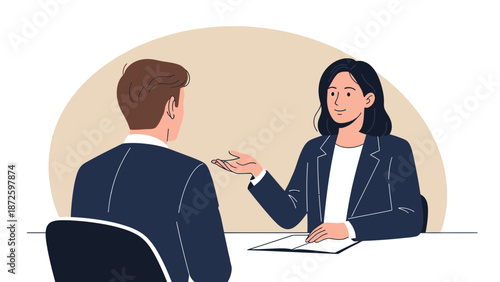 Business meeting illustration: Woman interviewer speaking to male candidate at desk