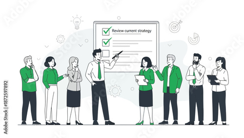 Business meeting: team reviewing strategy presentation with checklist on whiteboard