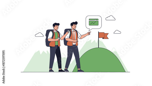 Two hikers reaching a mountain summit with a flag, symbolizing achievement and adventure.