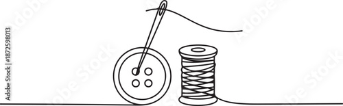 A button is strung on a sewing needle. A spool of thread is nearby. one line Art icon drawing vector
