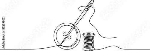 A button is strung on a sewing needle. A spool of thread is nearby. one line Art icon drawing vector