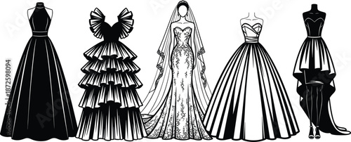 Elegant wedding and evening dress collection silhouettes, fashion gown designs vector illustration, bridal couture styles for luxury apparel branding, print, editorial use