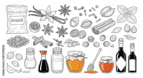 Large vintage-style collection of spices and seasonings in a detailed engraving style, including honey, vanilla, cinnamon, nutmeg, and various sauces.