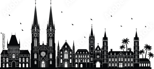 European city skyline silhouette with historic churches and towers, urban architecture panorama, old town landmark vector illustration isolated on white background