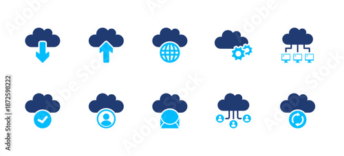 A solid collection of cloud services icons. Cloud storage, sync, security, backup, network, and data icons for IT systems, SaaS platforms, dashboards, and UI design.