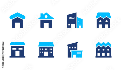 A collection of sturdy property building icons. House, real estate, apartment, and office icons for property businesses, construction projects, maps, and UI design.