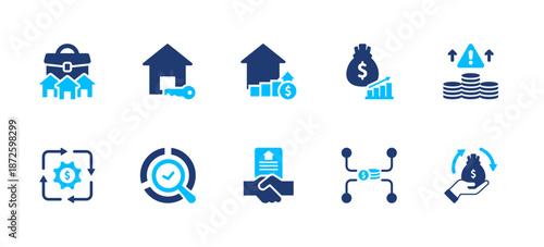 A solid collection of property investment icons. Real estate financial analysis, growth, risk, and profit icons for business presentations, financial dashboards, property apps, and UI designs.