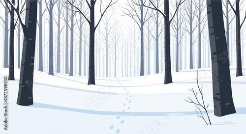 A tranquil and minimalist winter forest scene with bare trees, soft shadows on the snow, and a single set of footprints leading into the misty woods.