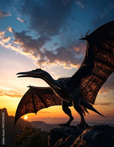 Pteranodon flying in the beautiful morning sky　美しい朝焼けの空を飛行するプテラノドン