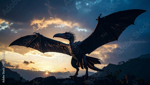 Pteranodon flying in the beautiful morning sky　美しい朝焼けの空を飛行するプテラノドン