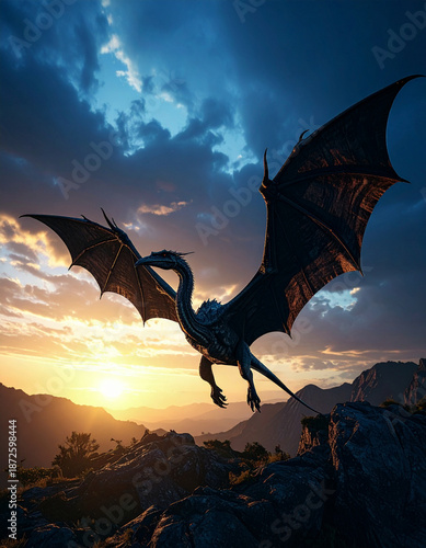 Pteranodon flying in the beautiful morning sky　美しい朝焼けの空を飛行するプテラノドン