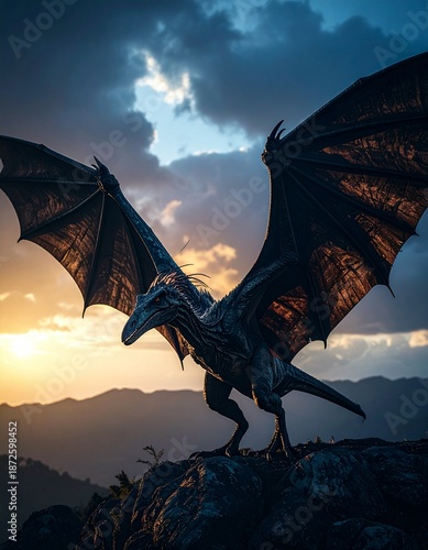 Pteranodon flying in the beautiful morning sky　美しい朝焼けの空を飛行するプテラノドン