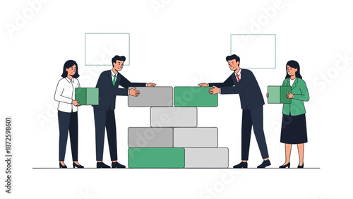 Teamwork building strategy concept, business people constructing wall with blocks
