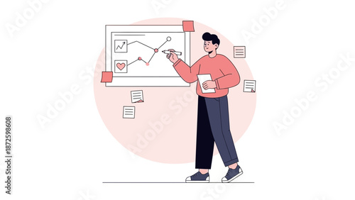 Man drawing analytics graph on whiteboard, business strategy concept