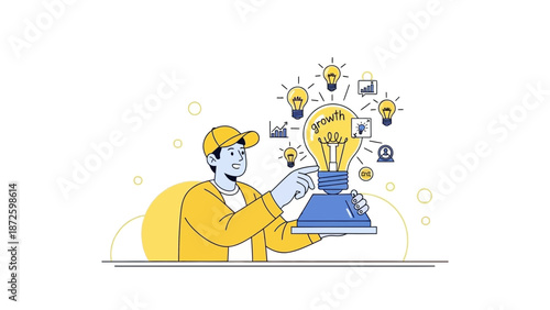 Man with Glowing Lightbulb of Ideas and Growth Concept