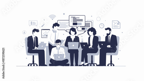 Teamwork and Collaboration: Diverse professionals working together on laptops